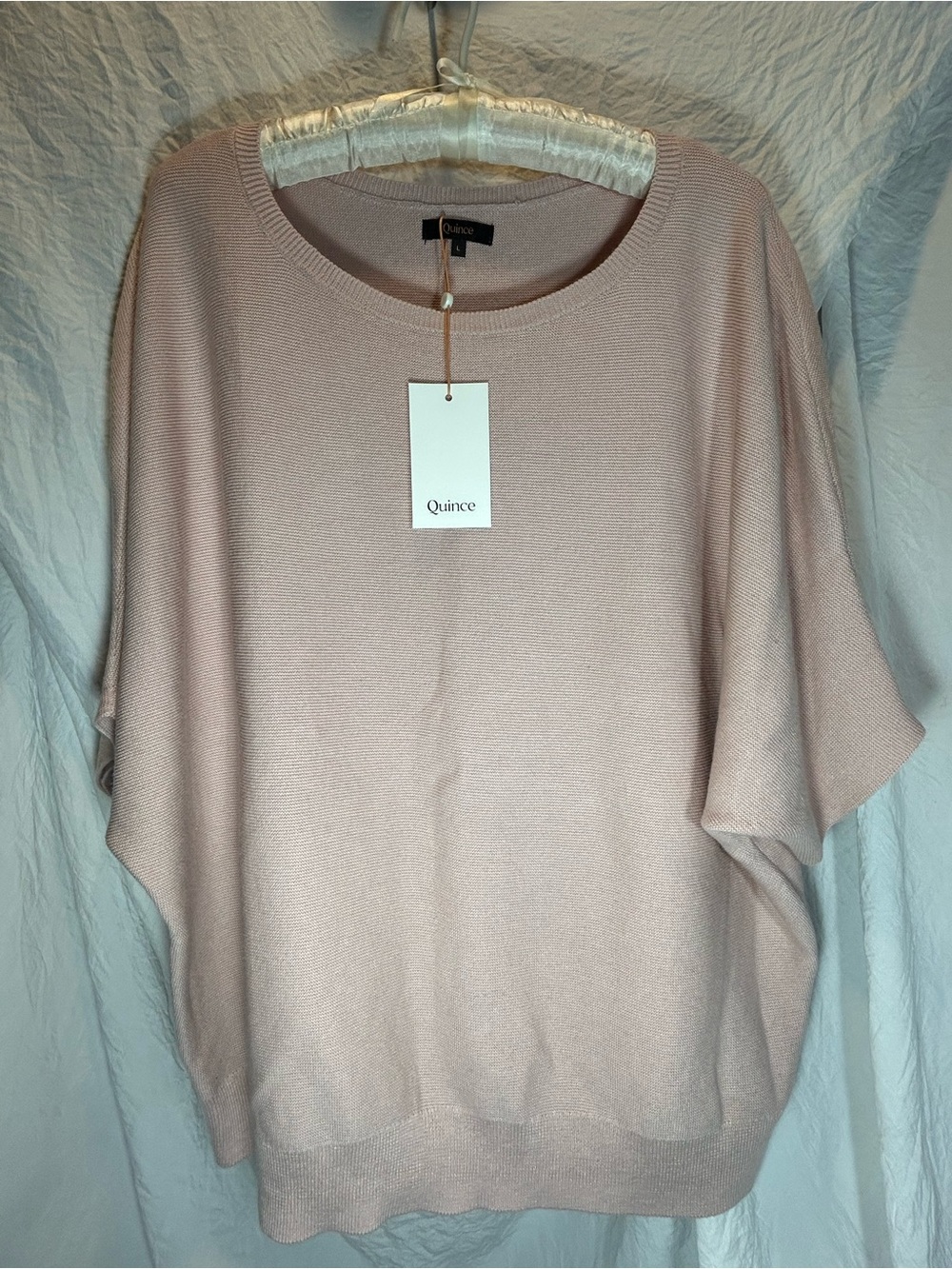 NWT Quince Lightweight Cotton/Cashmere Link Stitch Dolman Sweater Soft Pink (L)